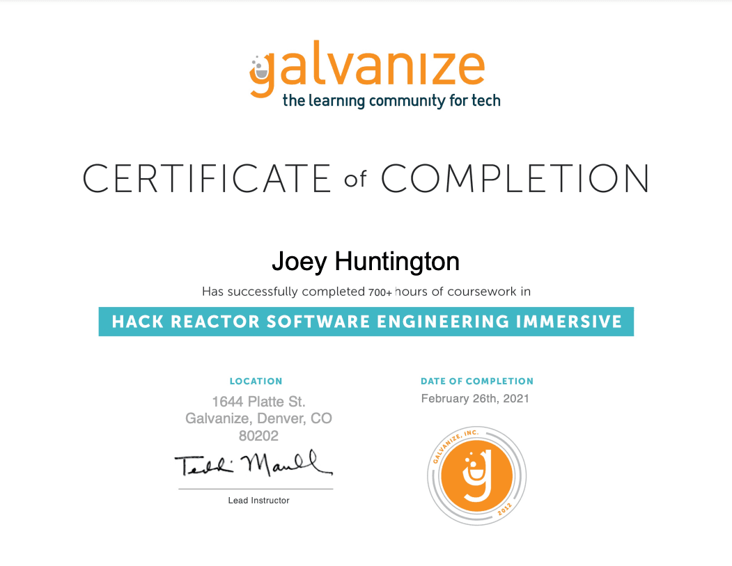 image of Hack Reactor | Galvanize certificate