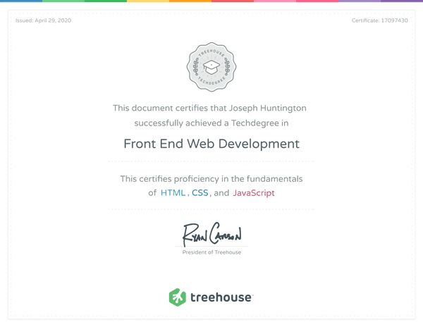 image of Treehouse certificate